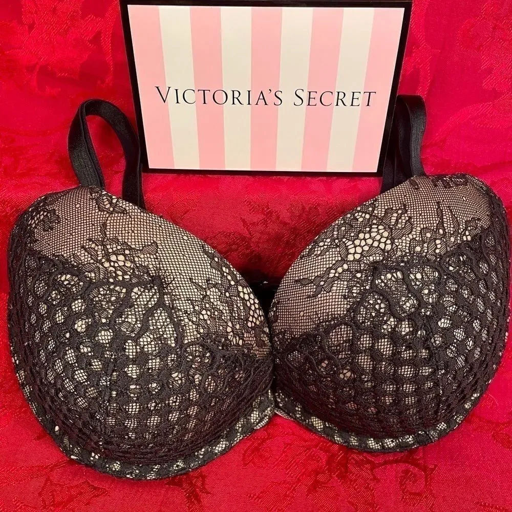 VICTORIAS VERY SEXY BLACK LACE OVER TAUPE 34DD